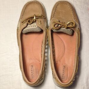 Sperry Angelfish Metallic Tan Leather Boat Shoes with Pink Insoles